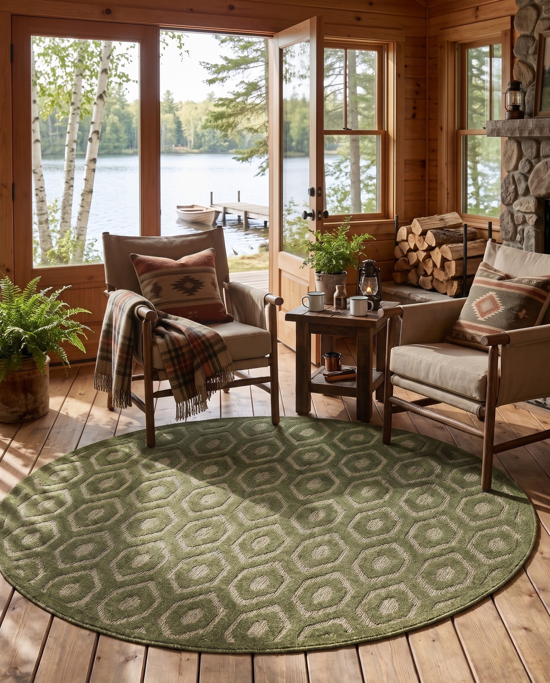 Green Easy-Clean Trellis Textured Indoor / Outdoor Round Rug