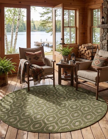Green Easy-Clean Trellis Textured Indoor / Outdoor Round Rug