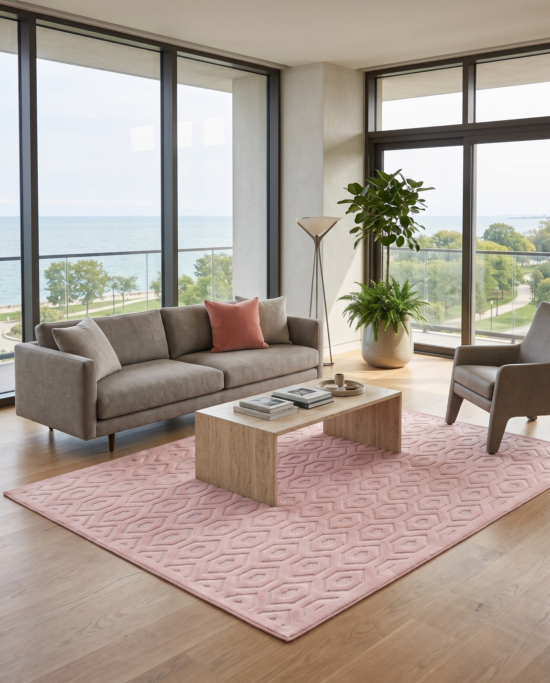 Pink Easy-Clean Trellis Textured Indoor / Outdoor Rug