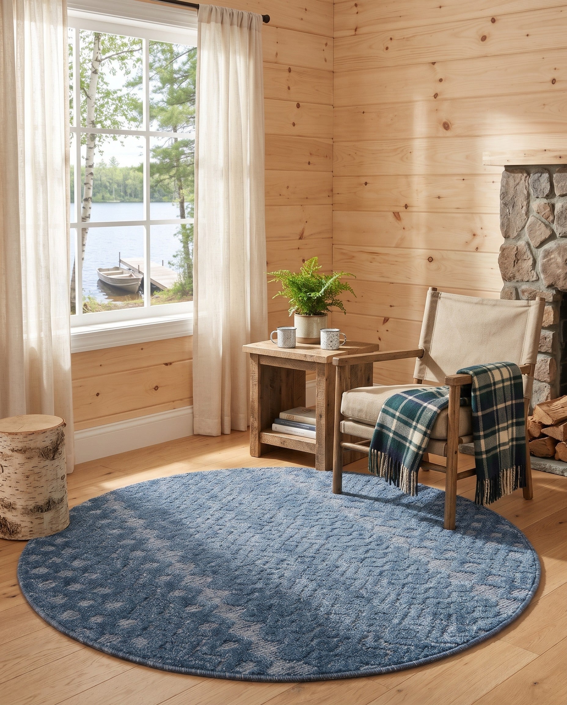Navy Blue Easy-Clean Trellis Textured Indoor / Outdoor Round Rug