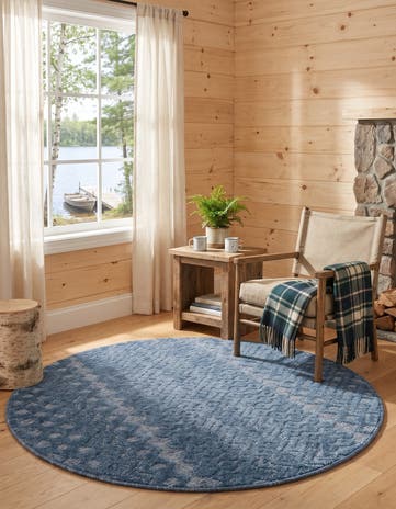 Navy Blue Easy-Clean Trellis Textured Indoor / Outdoor Round Rug