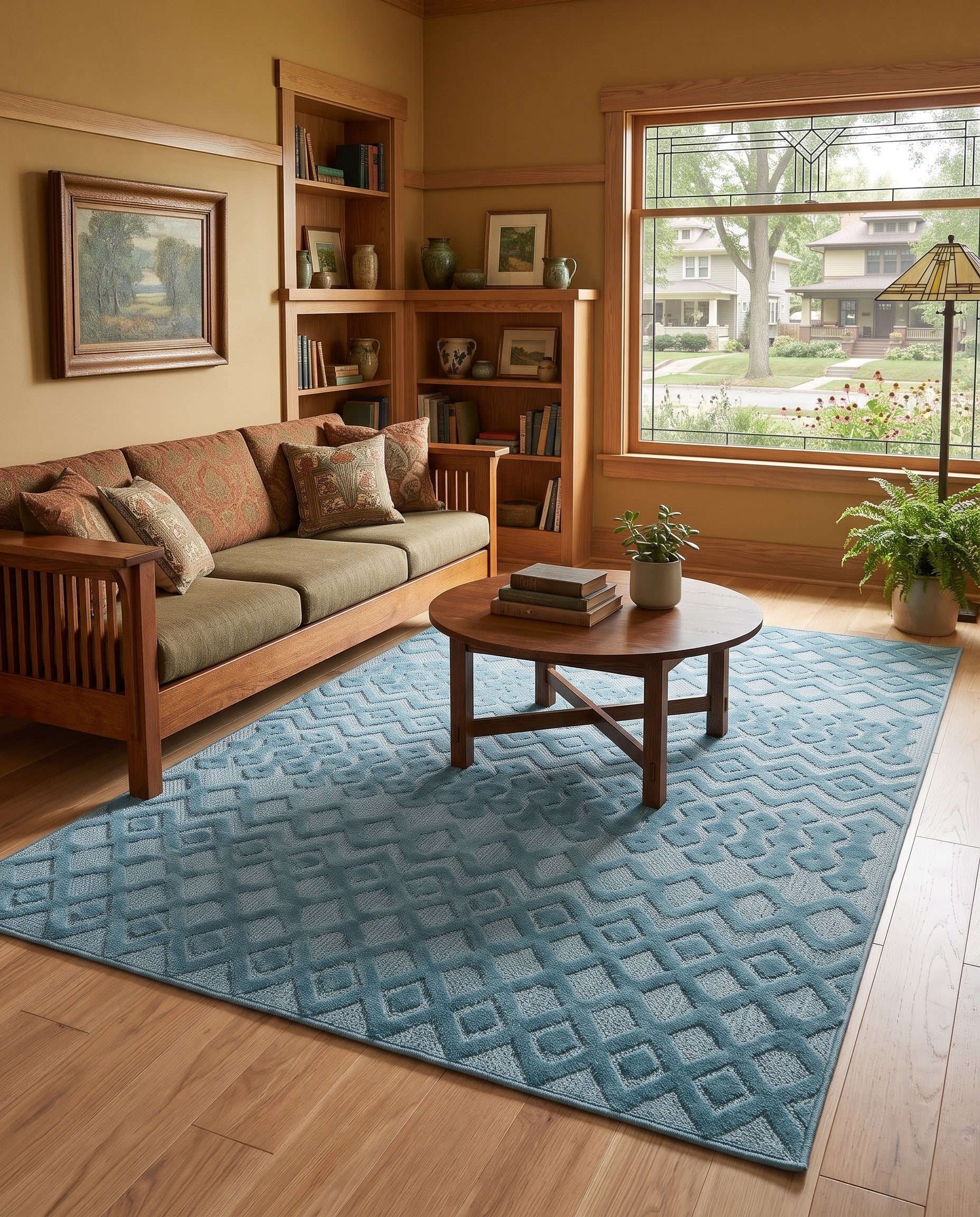 Aqua Blue Easy-Clean Trellis Textured Indoor / Outdoor Rug