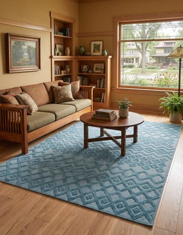 Aqua Blue Easy-Clean Trellis Textured Indoor / Outdoor Rug