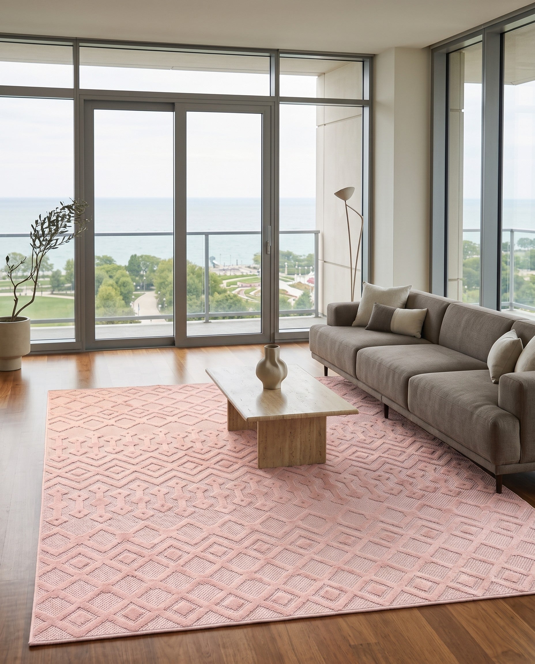 Pink Easy-Clean Trellis Textured Indoor / Outdoor Rug
