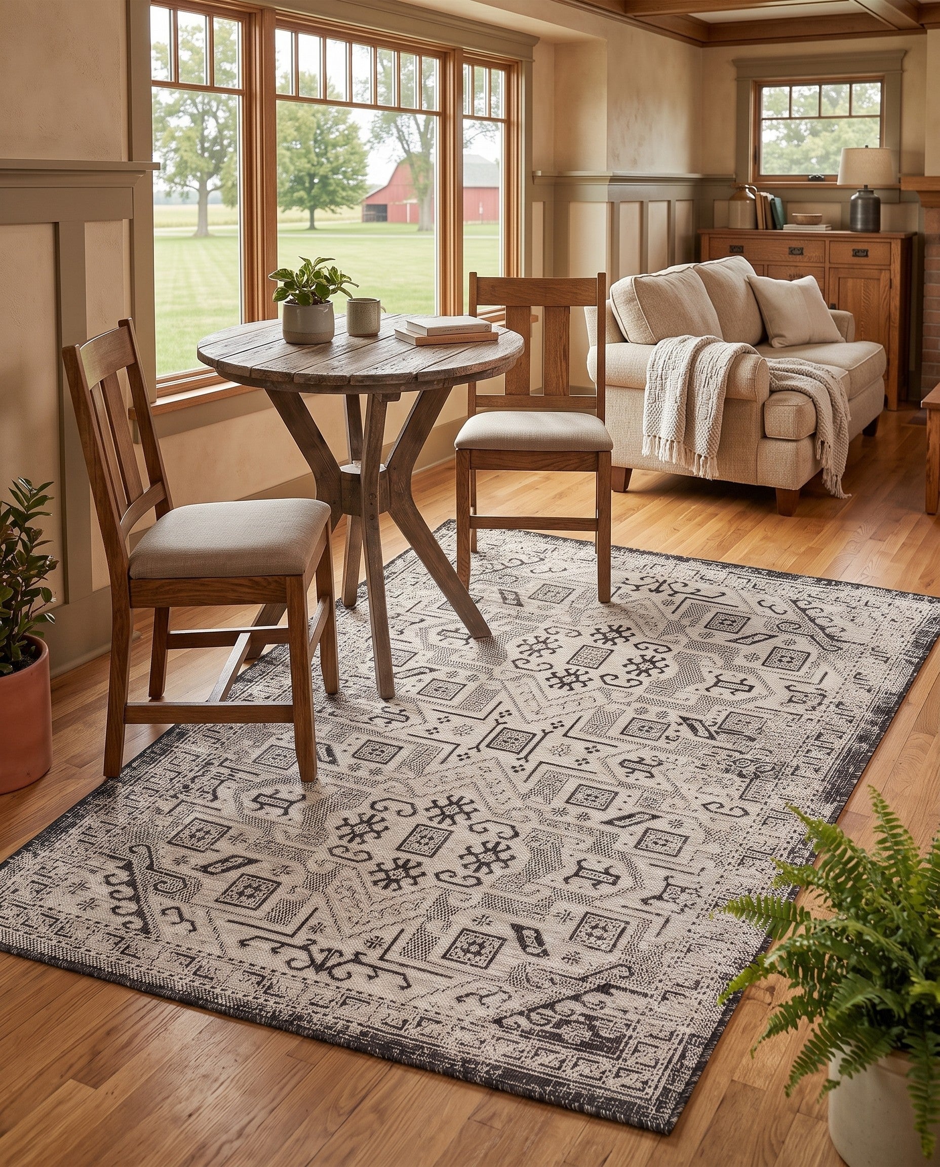 Charcoal Gray Easy-Clean Aztec Indoor / Outdoor Rug