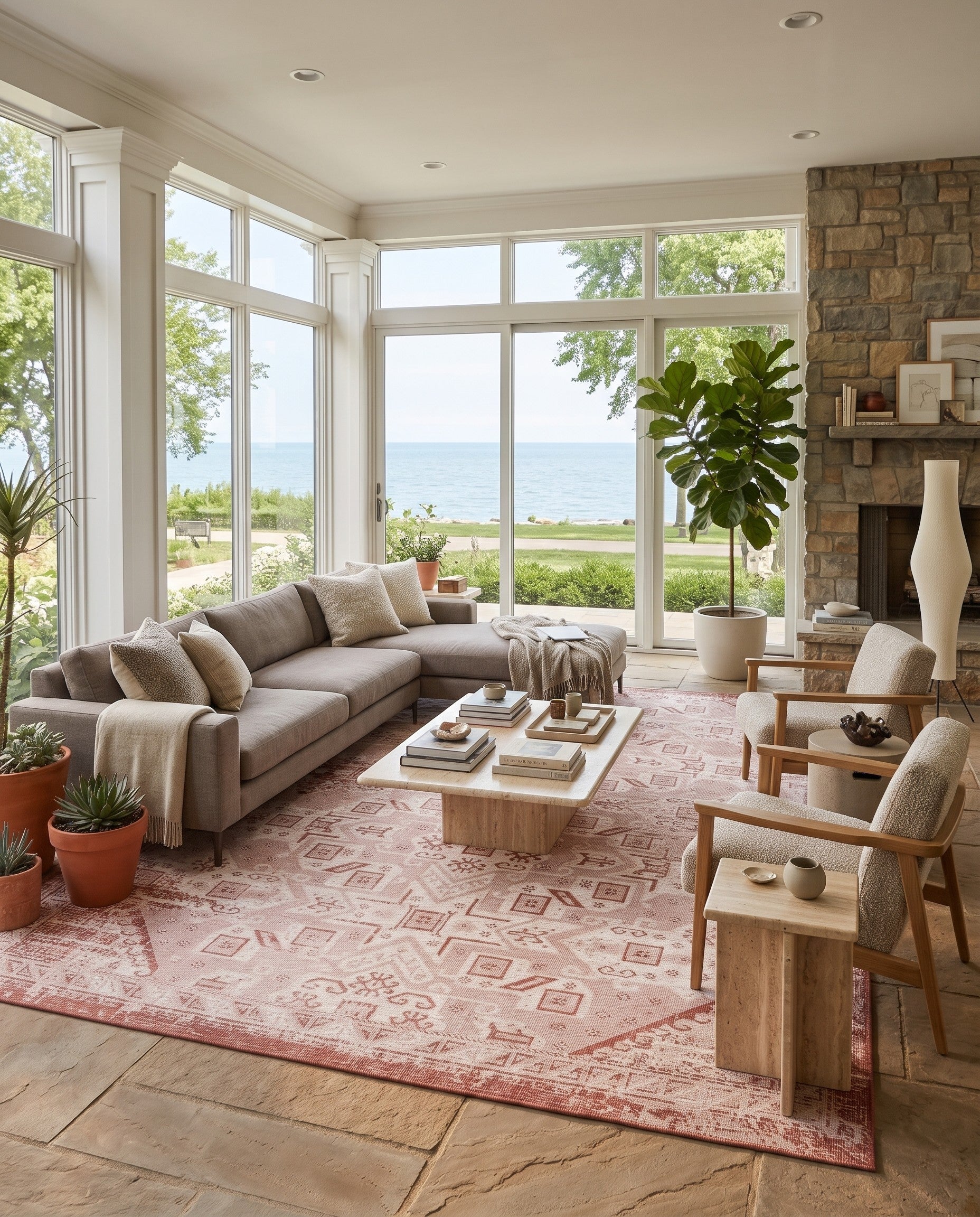 Rust Red Easy-Clean Aztec Indoor / Outdoor Rug