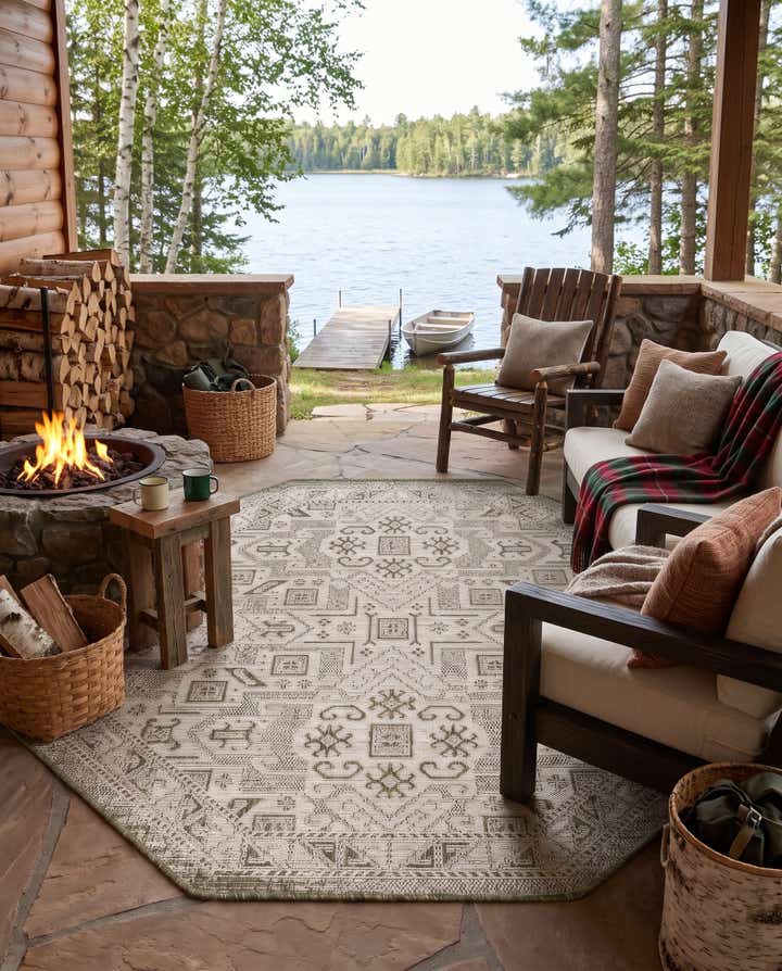 5' 3 x 5' 3 Easy-Clean Aztec Indoor / Outdoor Octagon Rug