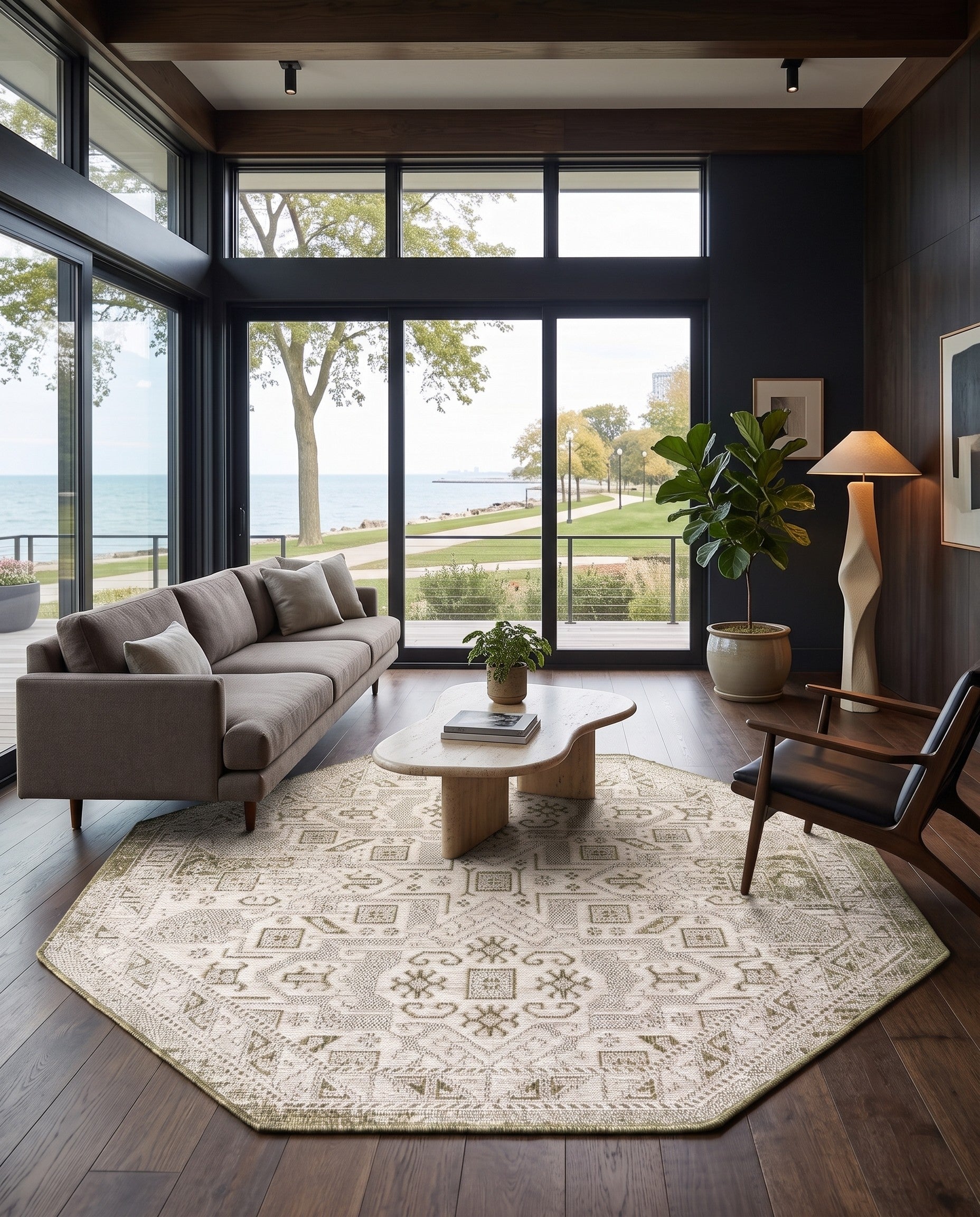 Green Easy-Clean Aztec Indoor / Outdoor Octagon Rug