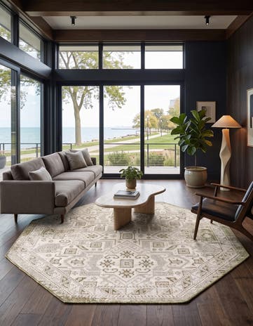 Green Easy-Clean Aztec Indoor / Outdoor Octagon Rug