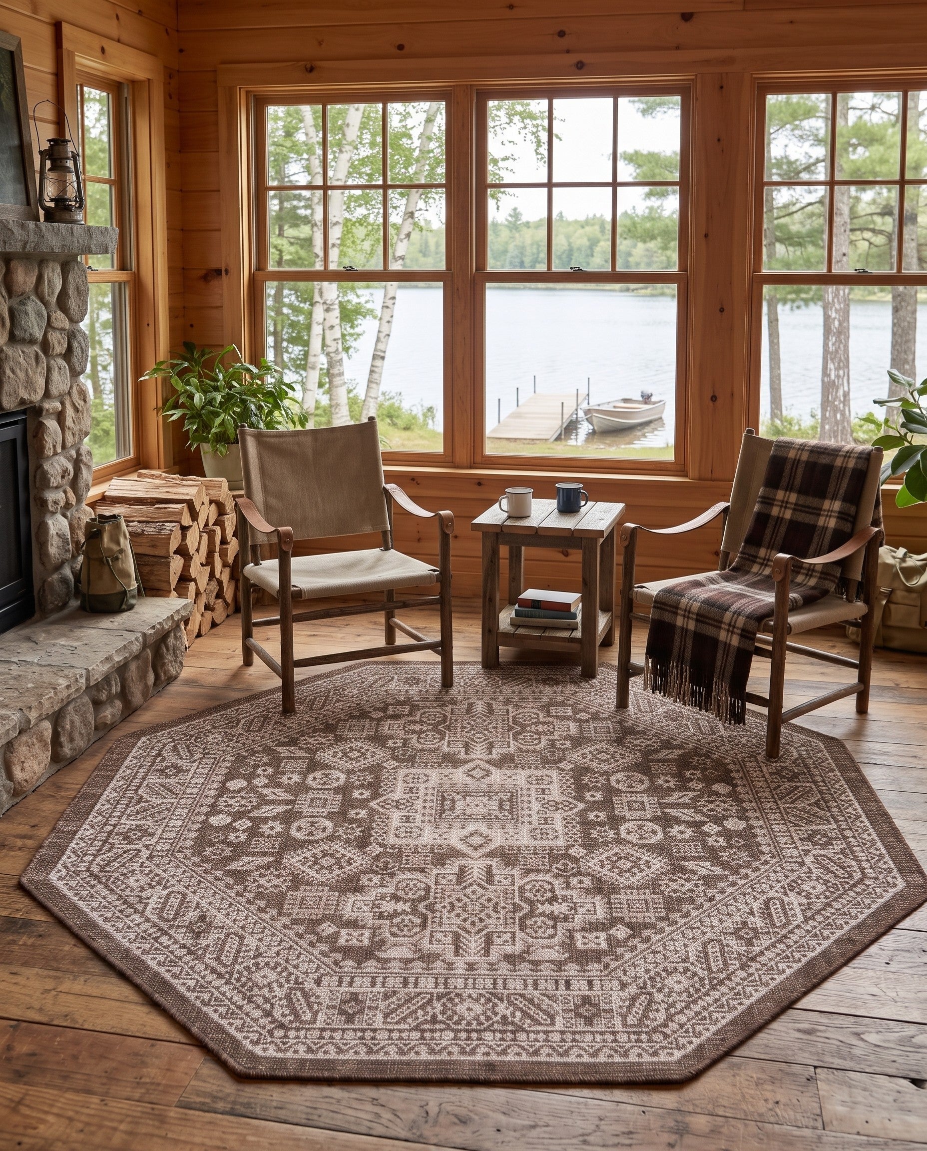 Brown Easy-Clean Aztec Indoor / Outdoor Octagon Rug