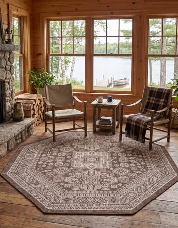 Brown Easy-Clean Aztec Indoor / Outdoor Octagon Rug