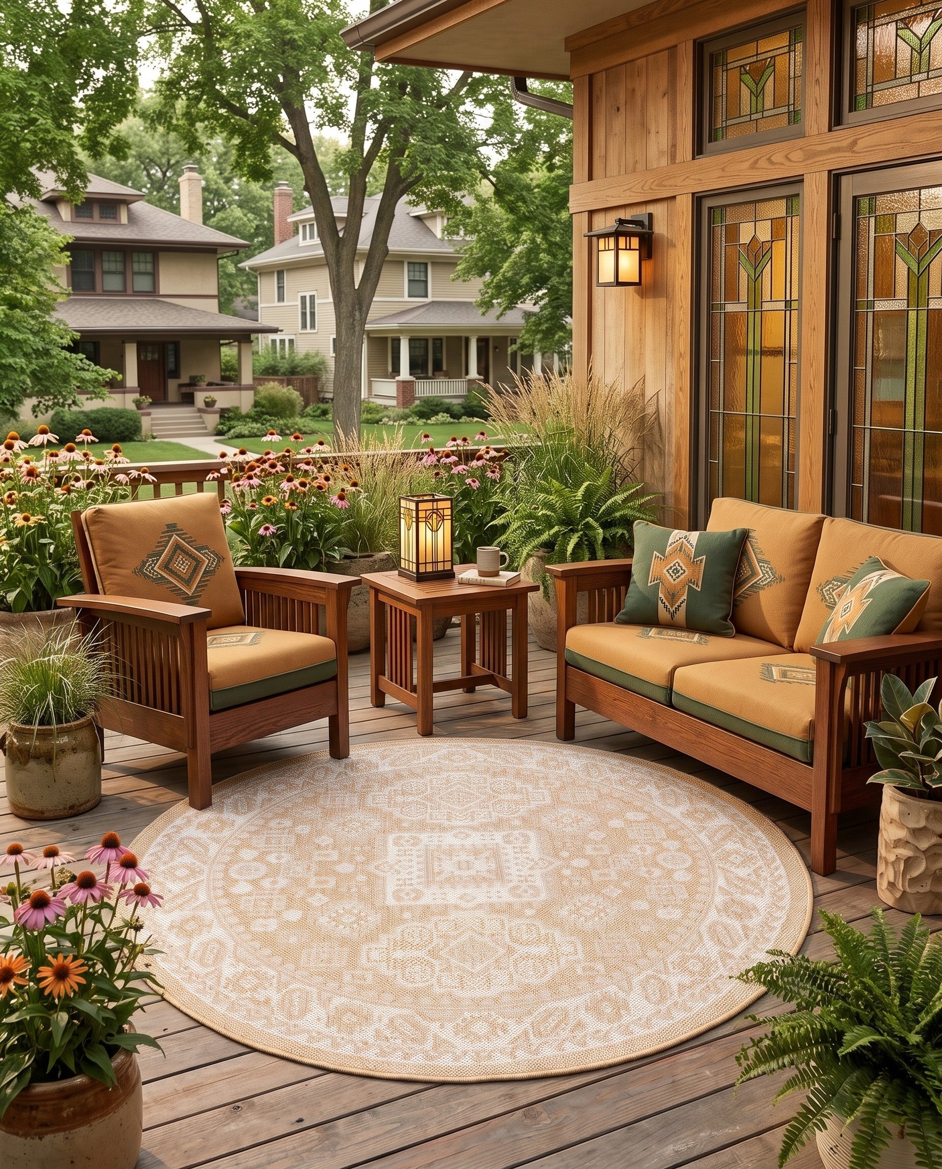 Natural Easy-Clean Aztec Indoor / Outdoor Round Rug