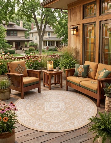 Natural Easy-Clean Aztec Indoor / Outdoor Round Rug