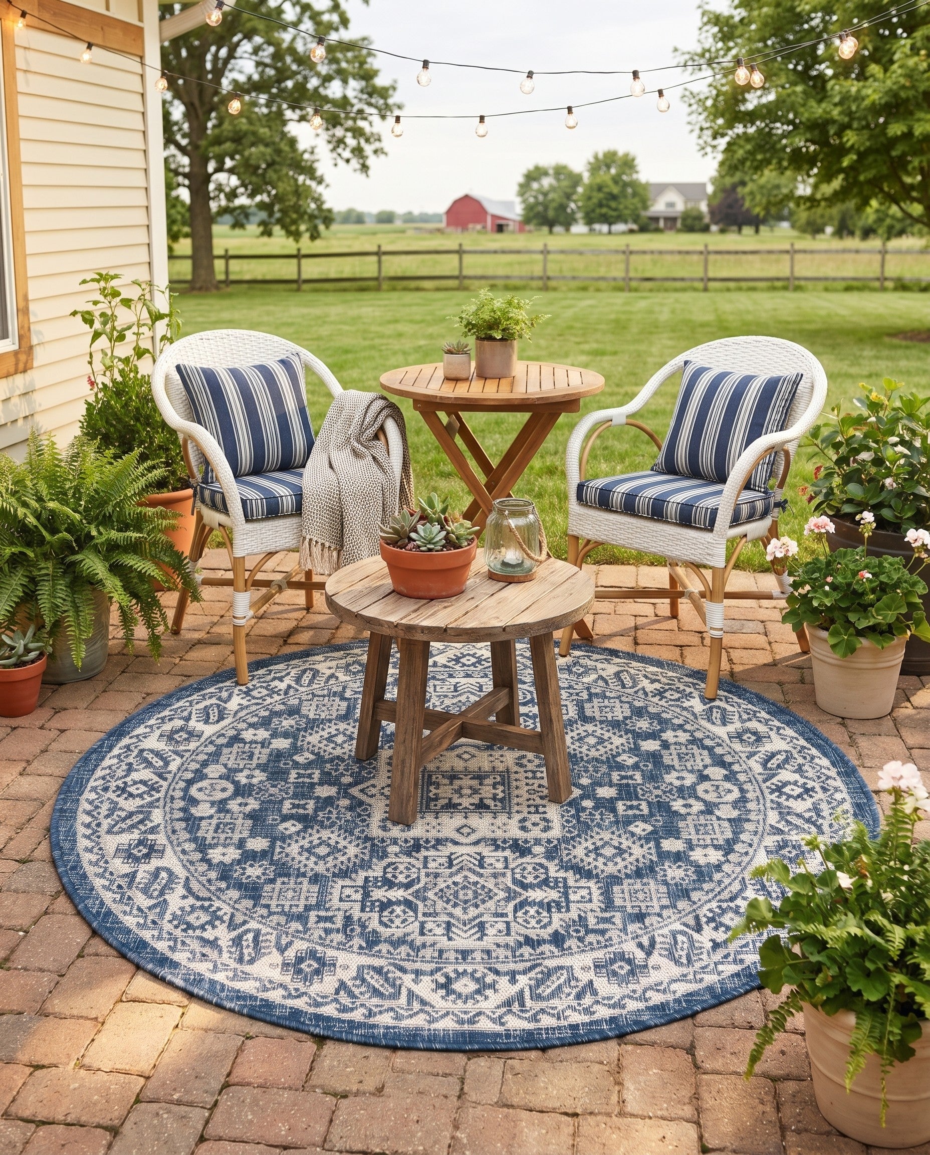Blue Easy-Clean Aztec Indoor / Outdoor Round Rug
