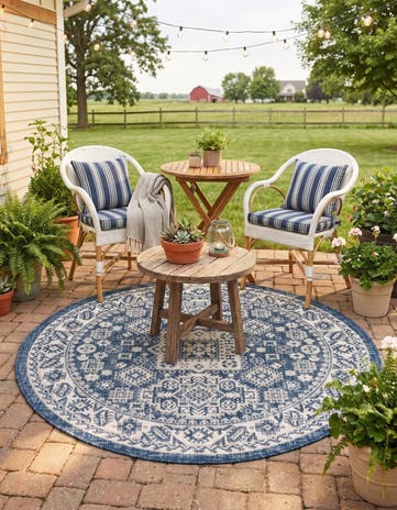 Blue Easy-Clean Aztec Indoor / Outdoor Round Rug