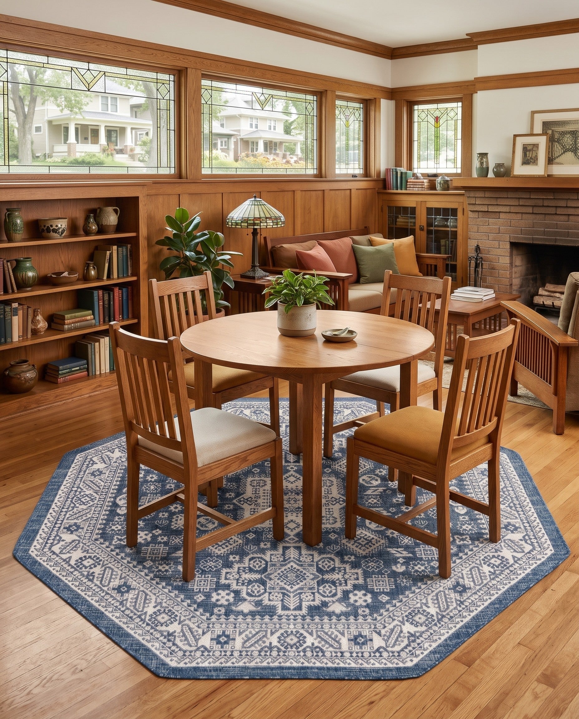 Blue Easy-Clean Aztec Indoor / Outdoor Octagon Rug