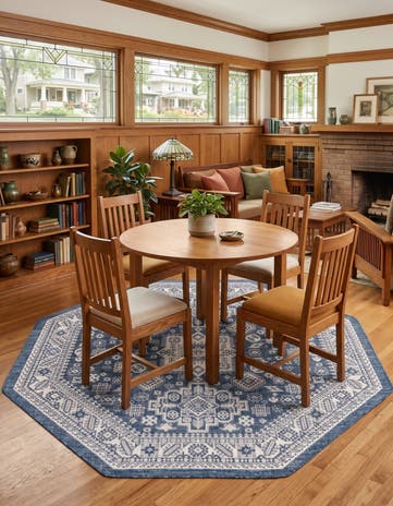 Blue Easy-Clean Aztec Indoor / Outdoor Octagon Rug