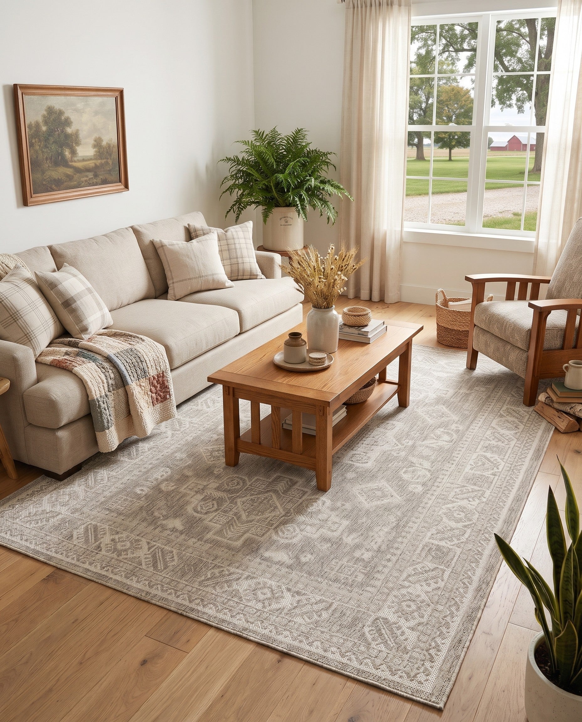 Light Gray Easy-Clean Aztec Indoor / Outdoor Rug
