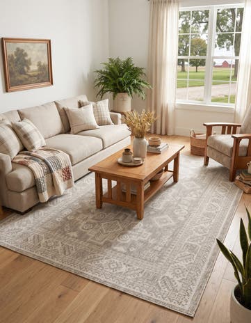 Light Gray Easy-Clean Aztec Indoor / Outdoor Rug