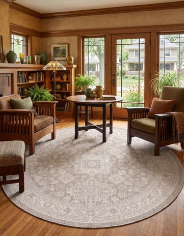 Light Gray Easy-Clean Aztec Indoor / Outdoor Round Rug