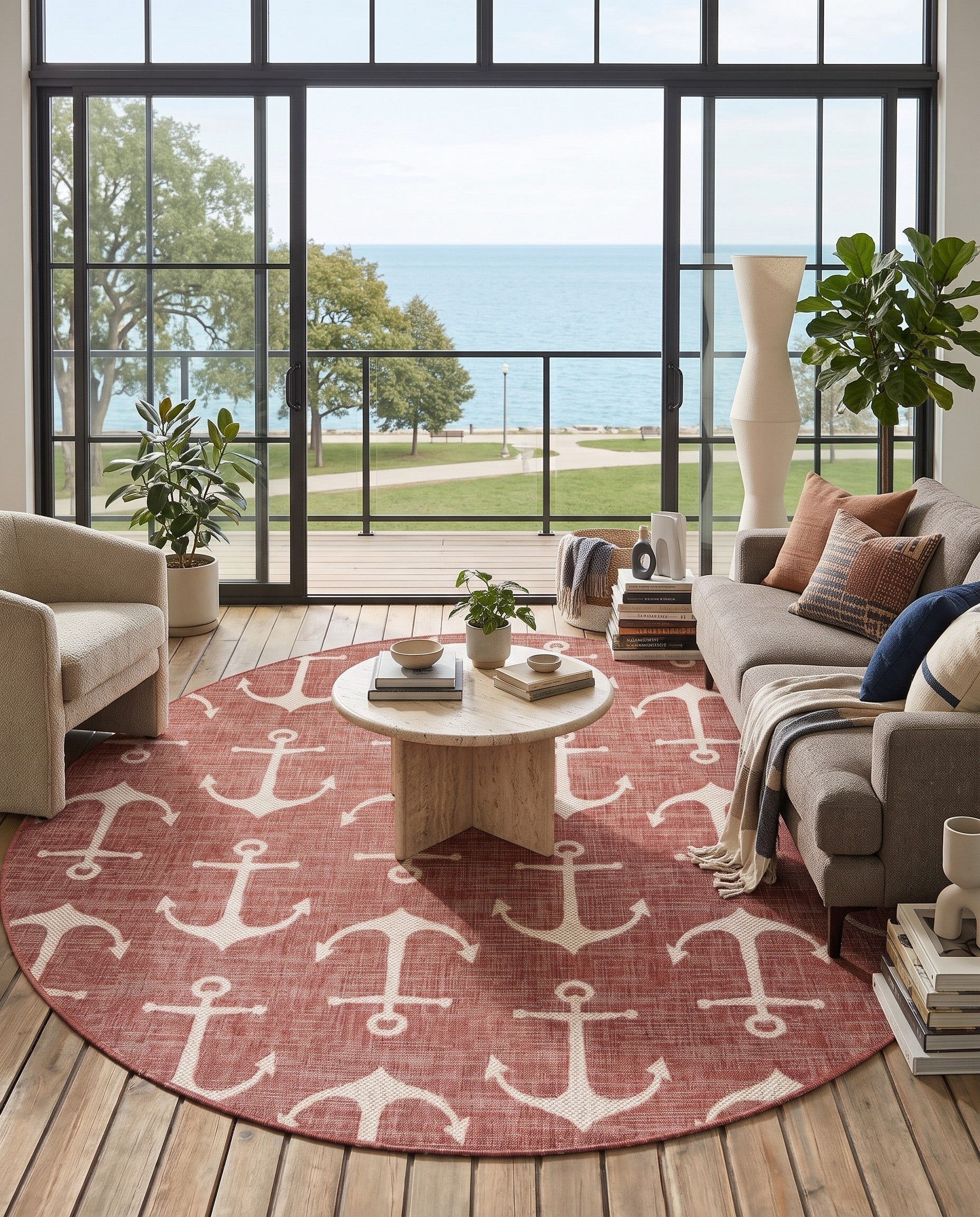 Rust Red Easy-Clean Coastal Indoor / Outdoor Round Rug