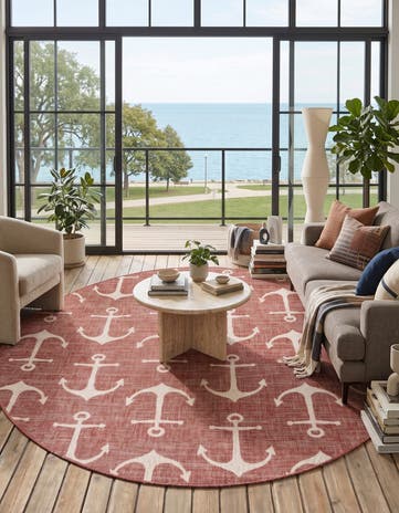 Rust Red Easy-Clean Coastal Indoor / Outdoor Round Rug