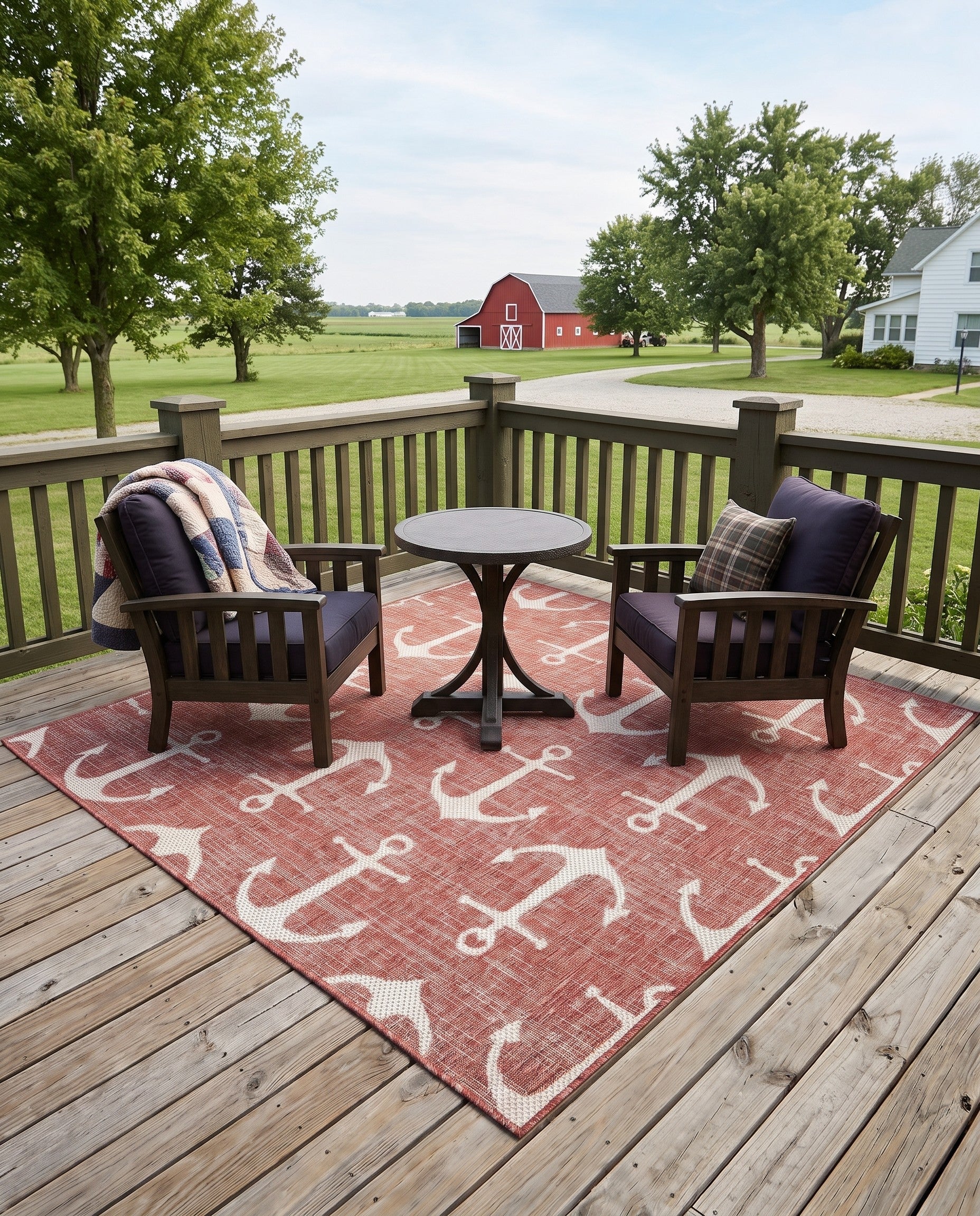 Rust Red Easy-Clean Coastal Indoor / Outdoor Square Rug