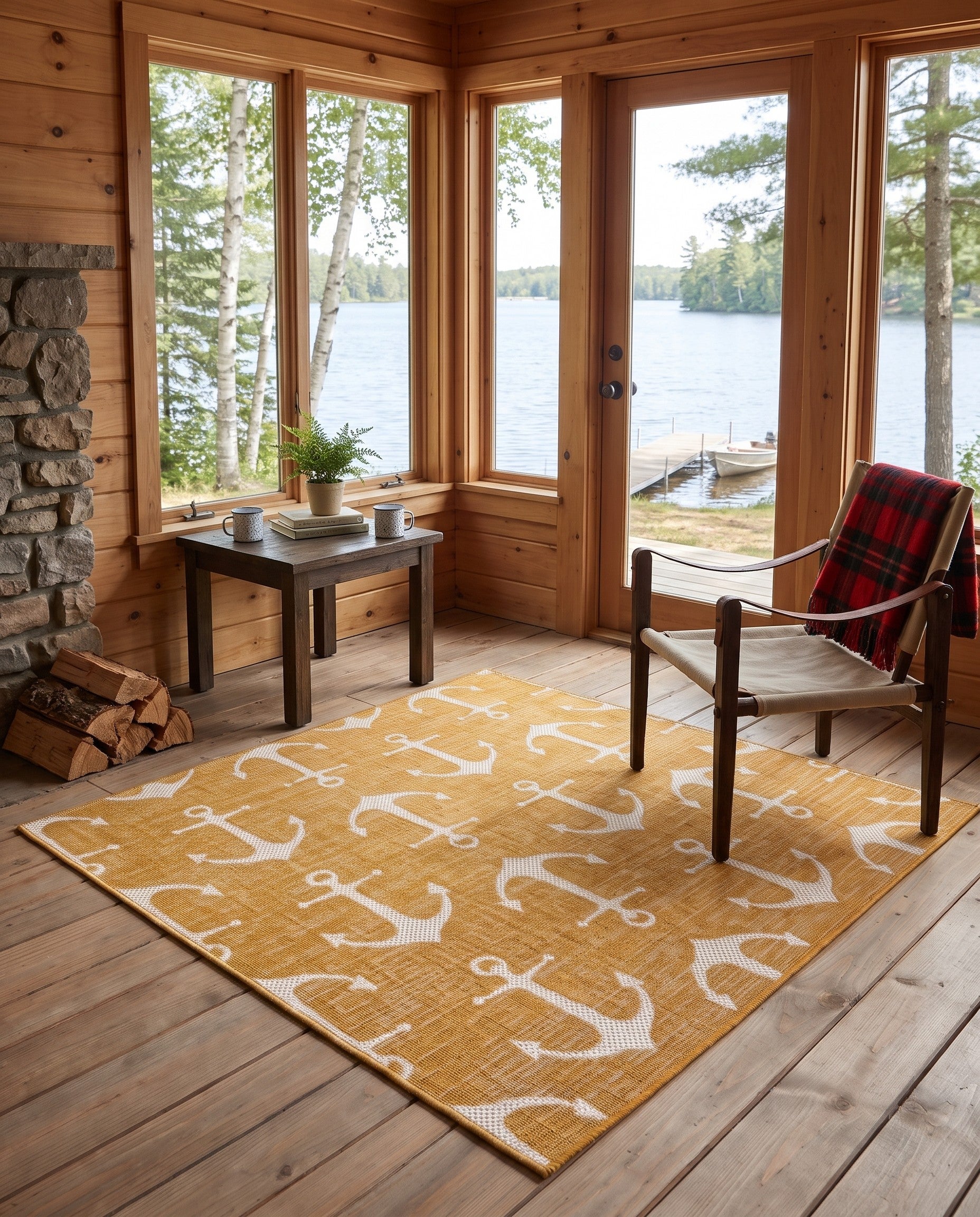 Yellow Easy-Clean Dunlin Coastal Indoor / Outdoor Square Rug
