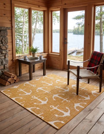 Yellow Easy-Clean Dunlin Coastal Indoor / Outdoor Square Rug