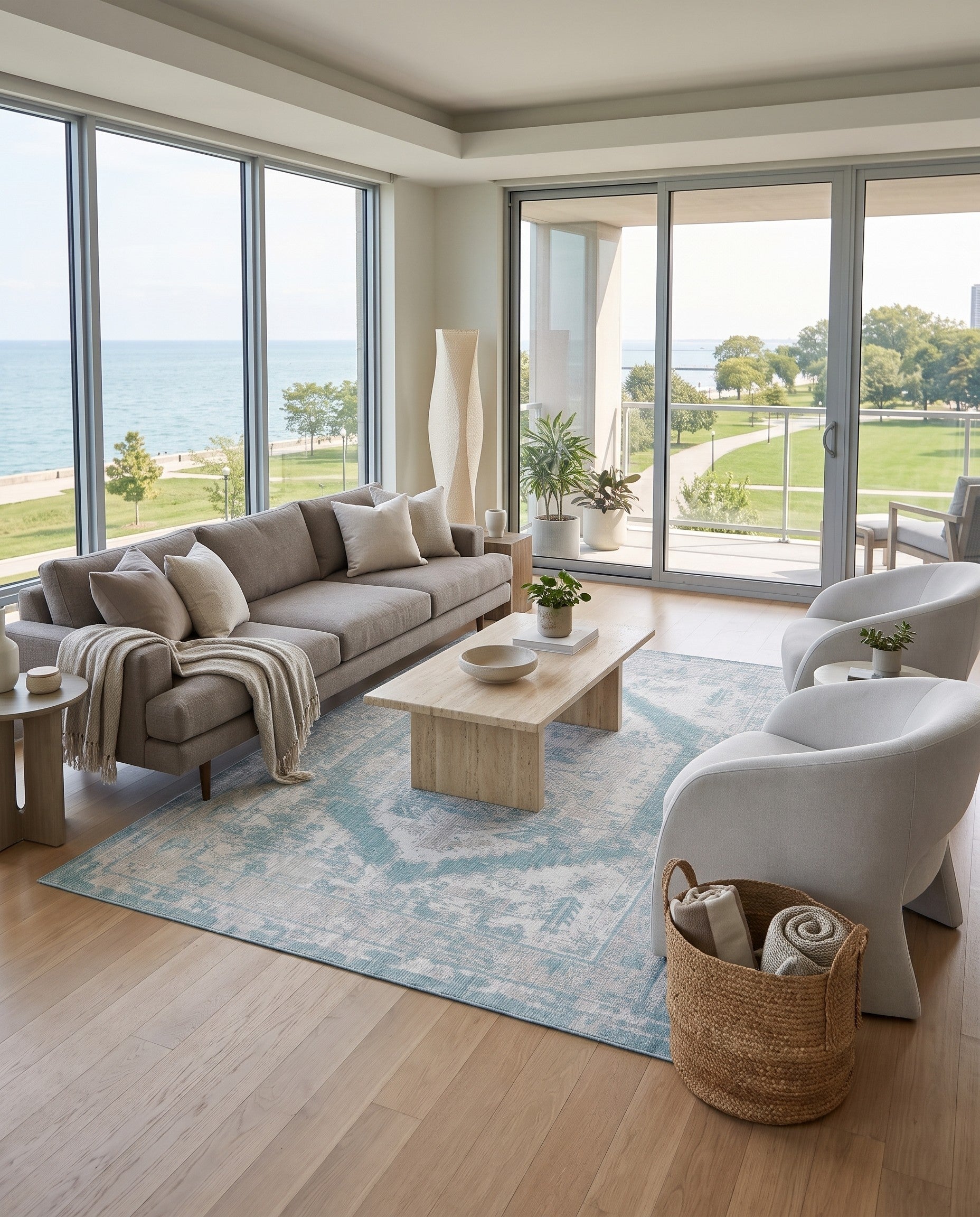 Aqua Blue Easy-Clean Traditional Indoor / Outdoor Rug