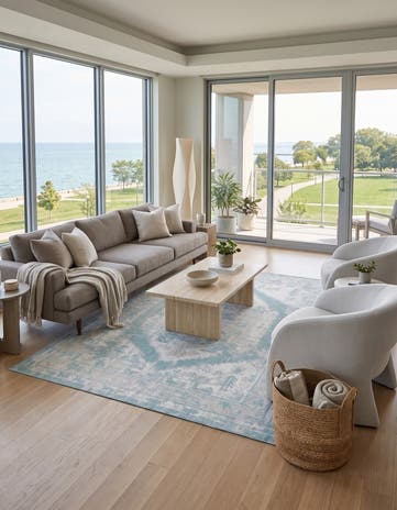 Aqua Blue Easy-Clean Traditional Indoor / Outdoor Rug