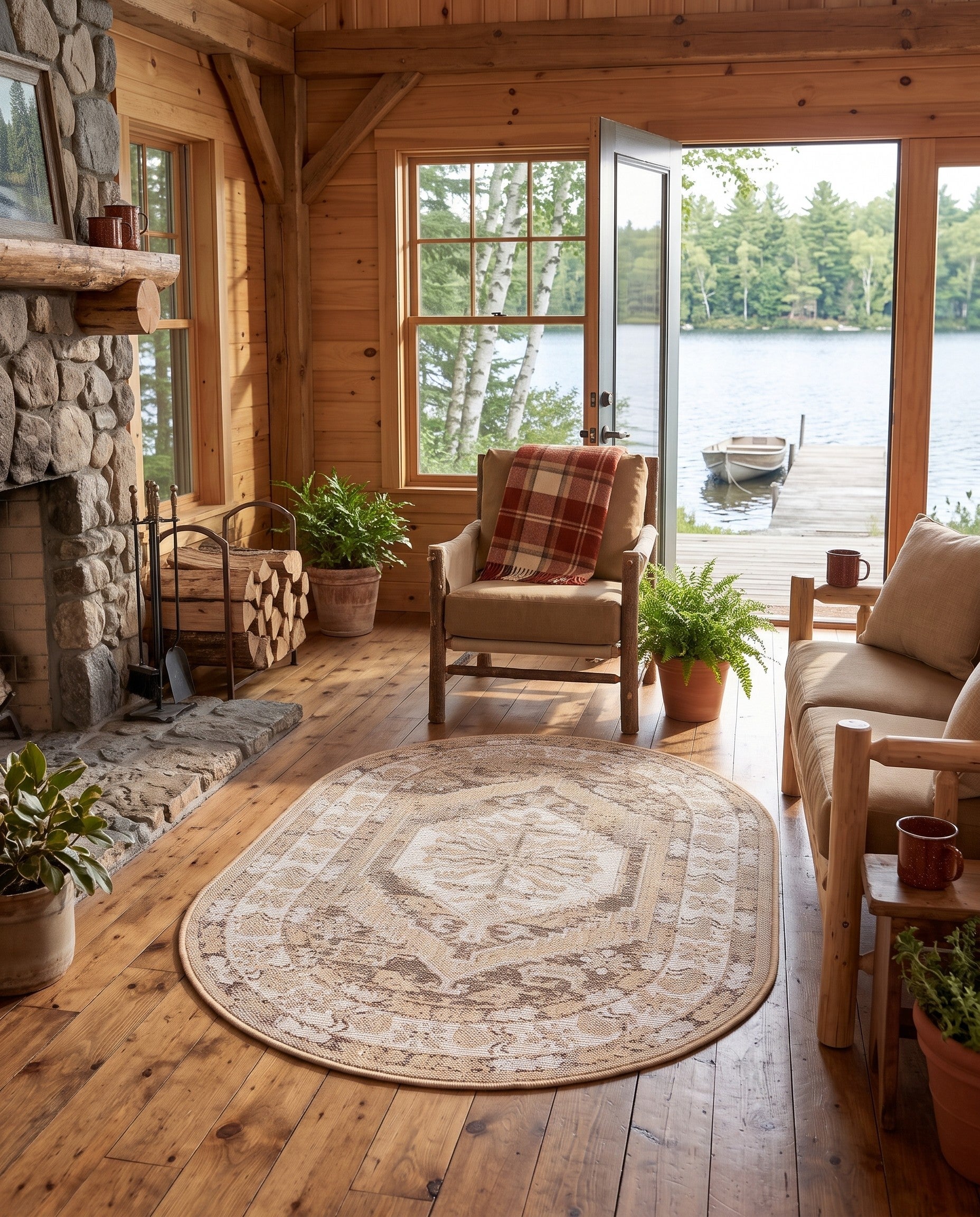 Natural Easy-Clean Traditional Indoor / Outdoor Oval Rug