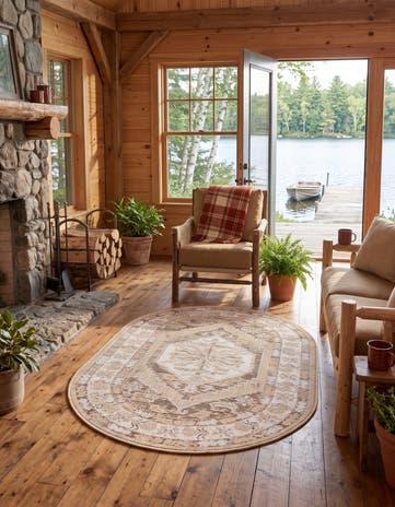 Natural Easy-Clean Traditional Indoor / Outdoor Oval Rug