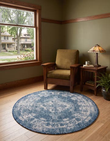 Blue Easy-Clean Traditional Indoor / Outdoor Round Rug