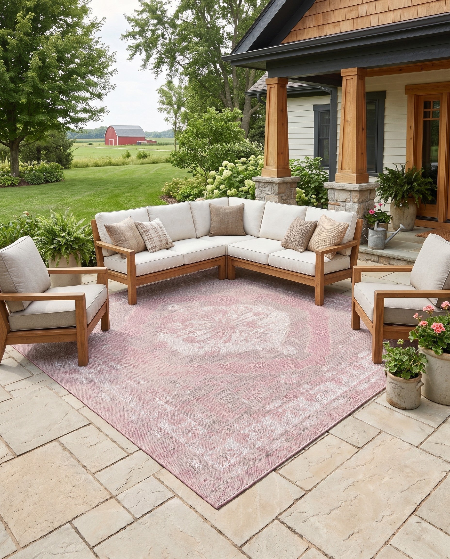 Pink Easy-Clean Traditional Indoor / Outdoor Square Rug
