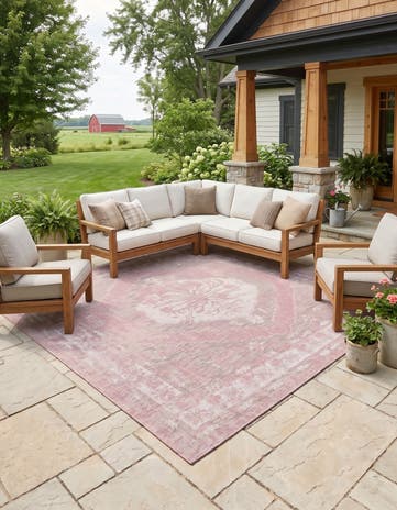 Pink Easy-Clean Traditional Indoor / Outdoor Square Rug