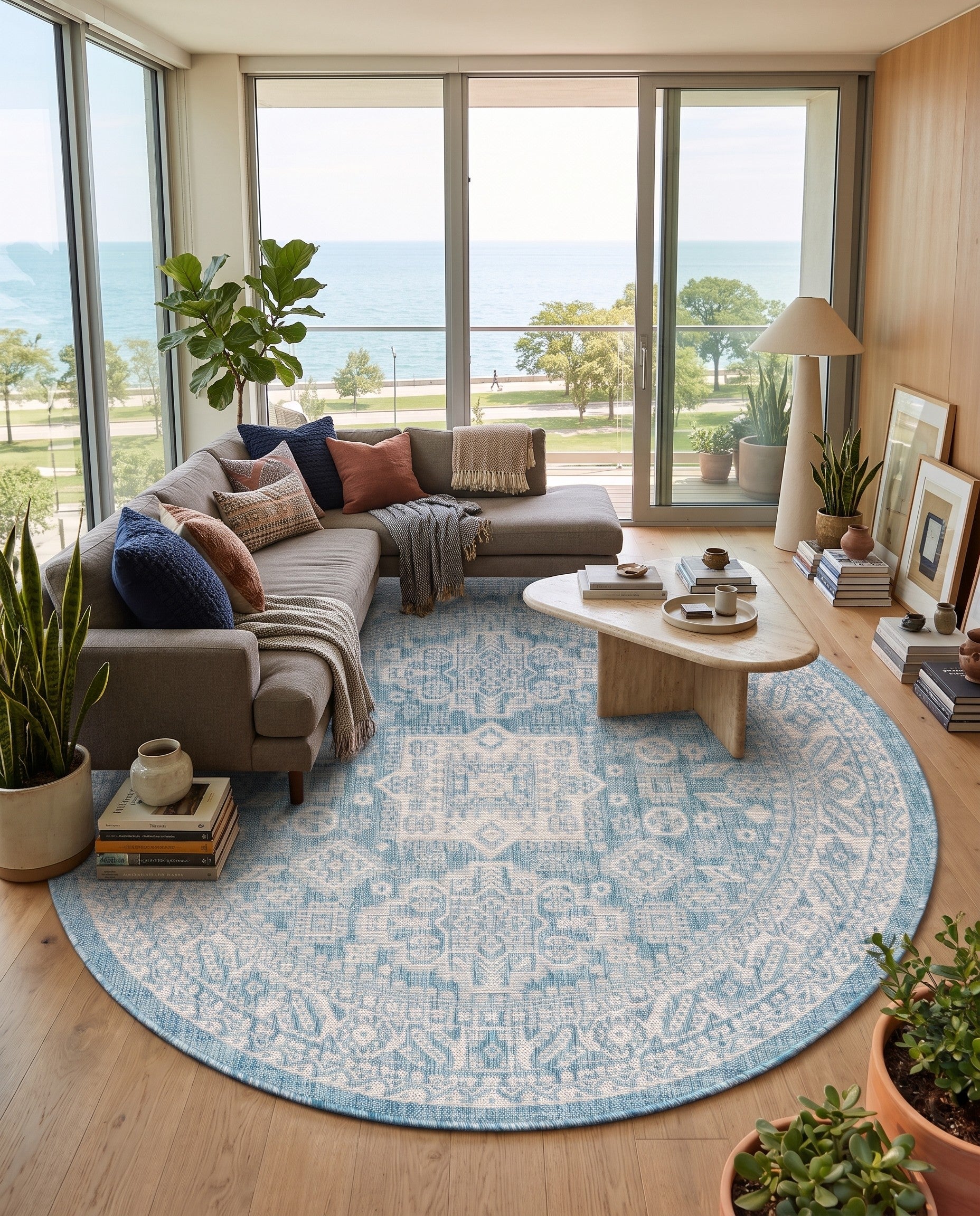 5' 3 x 5' 3 Easy-Clean Aztec Indoor / Outdoor Round Rug