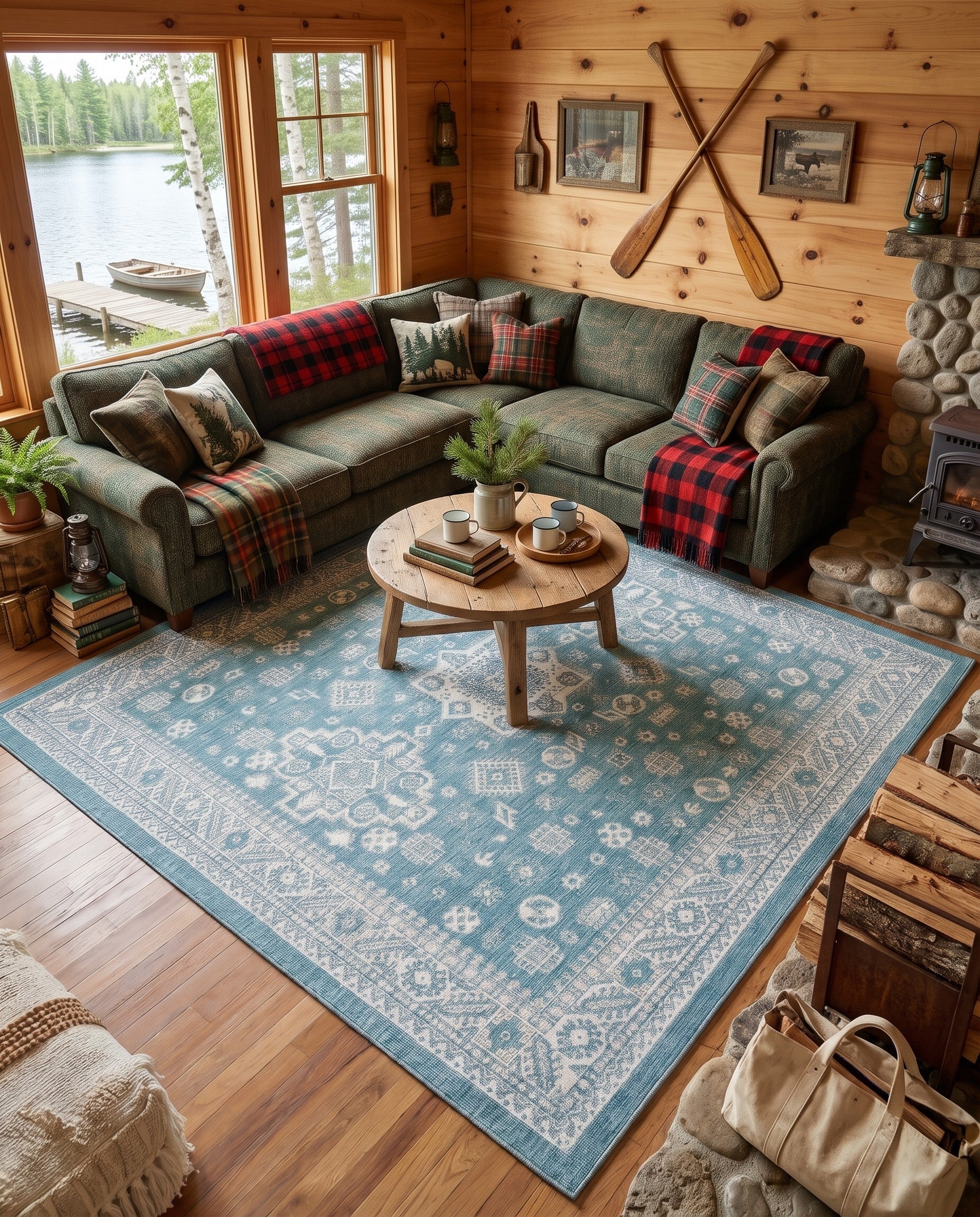 Aqua Blue Easy-Clean Aztec Indoor / Outdoor Square Rug