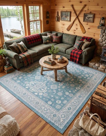 Aqua Blue Easy-Clean Aztec Indoor / Outdoor Square Rug