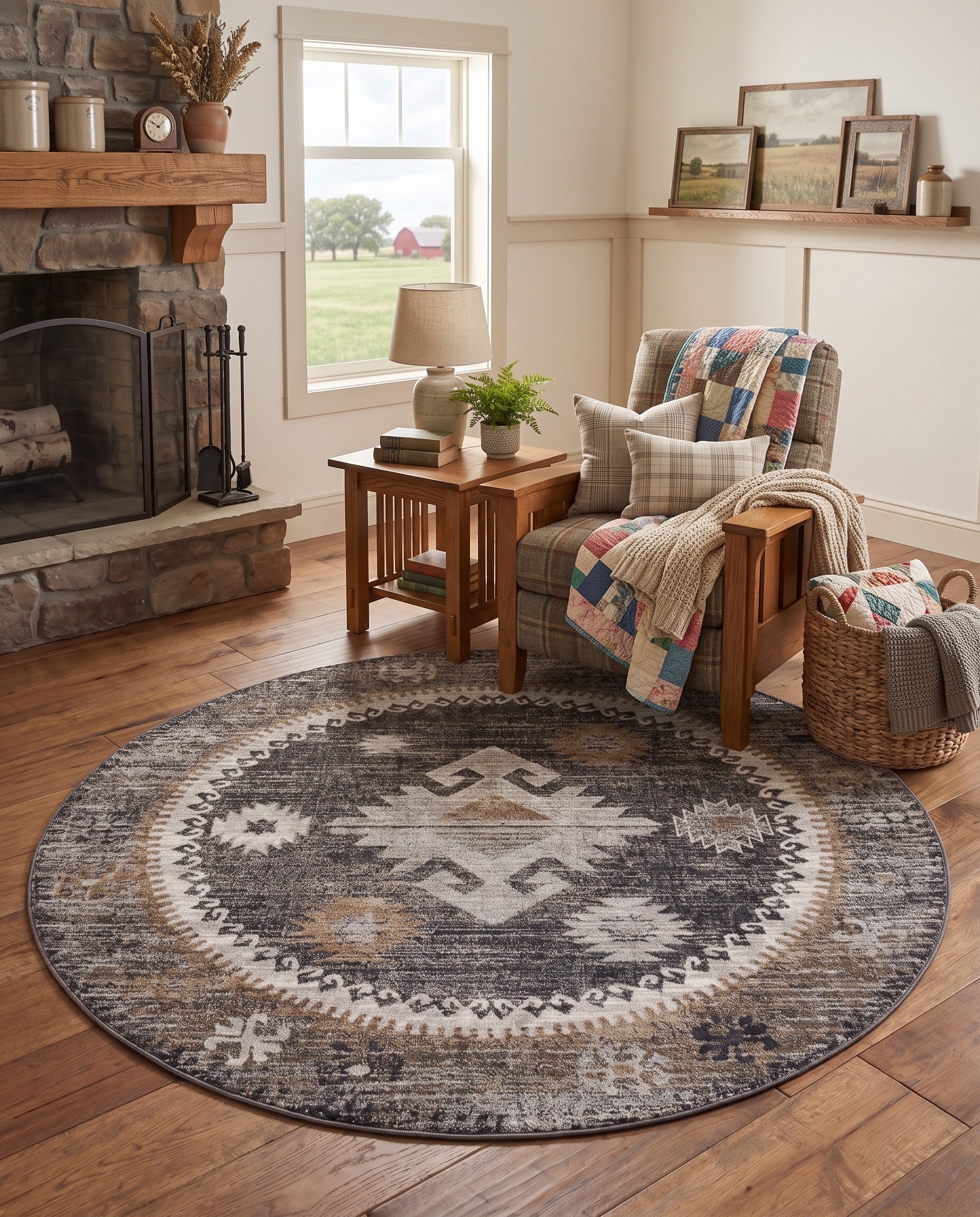 Charcoal Gray Eco Southwestern Round Rug