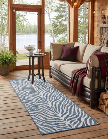 Blue Easy-Clean Marsden Safari Indoor / Outdoor Runner Rug