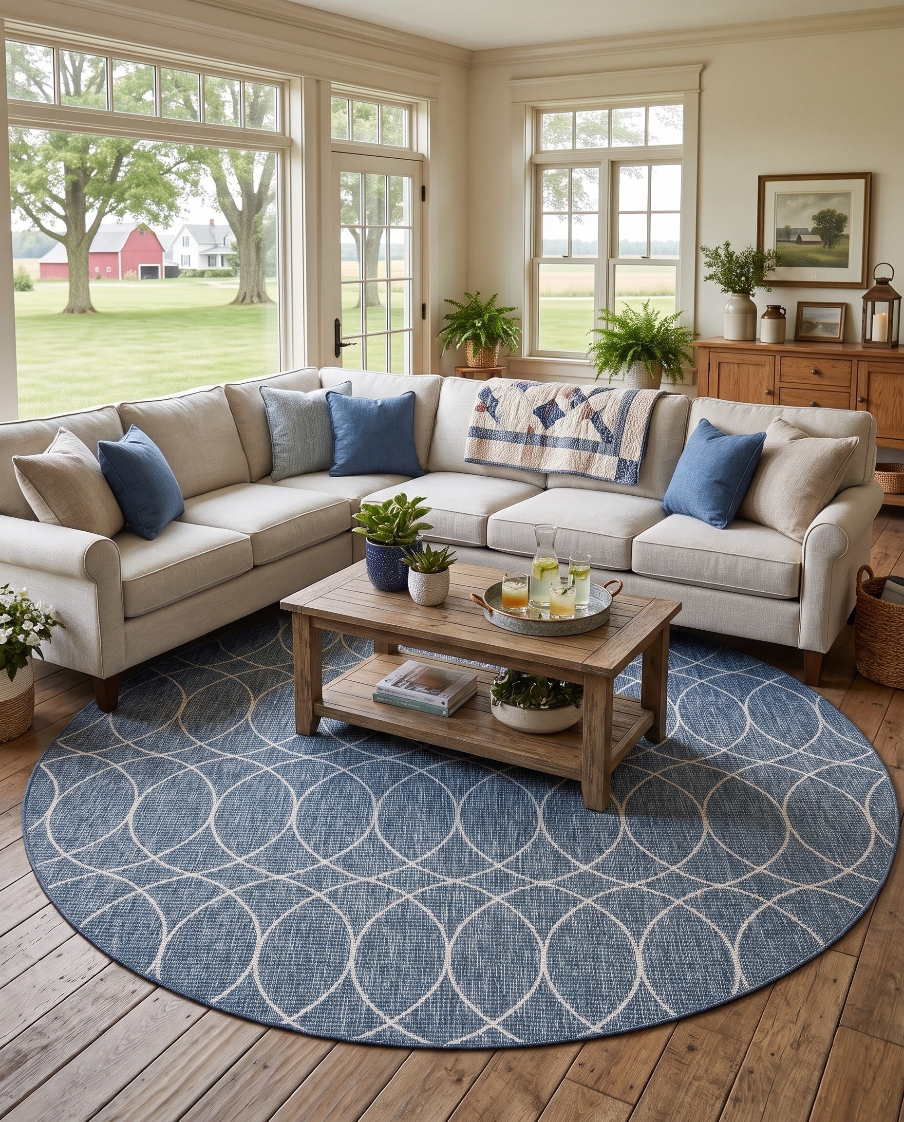 Blue Easy-Clean Lattice Indoor / Outdoor Round Rug