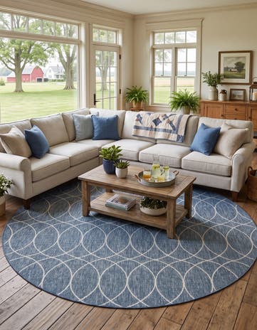 Blue Easy-Clean Lattice Indoor / Outdoor Round Rug