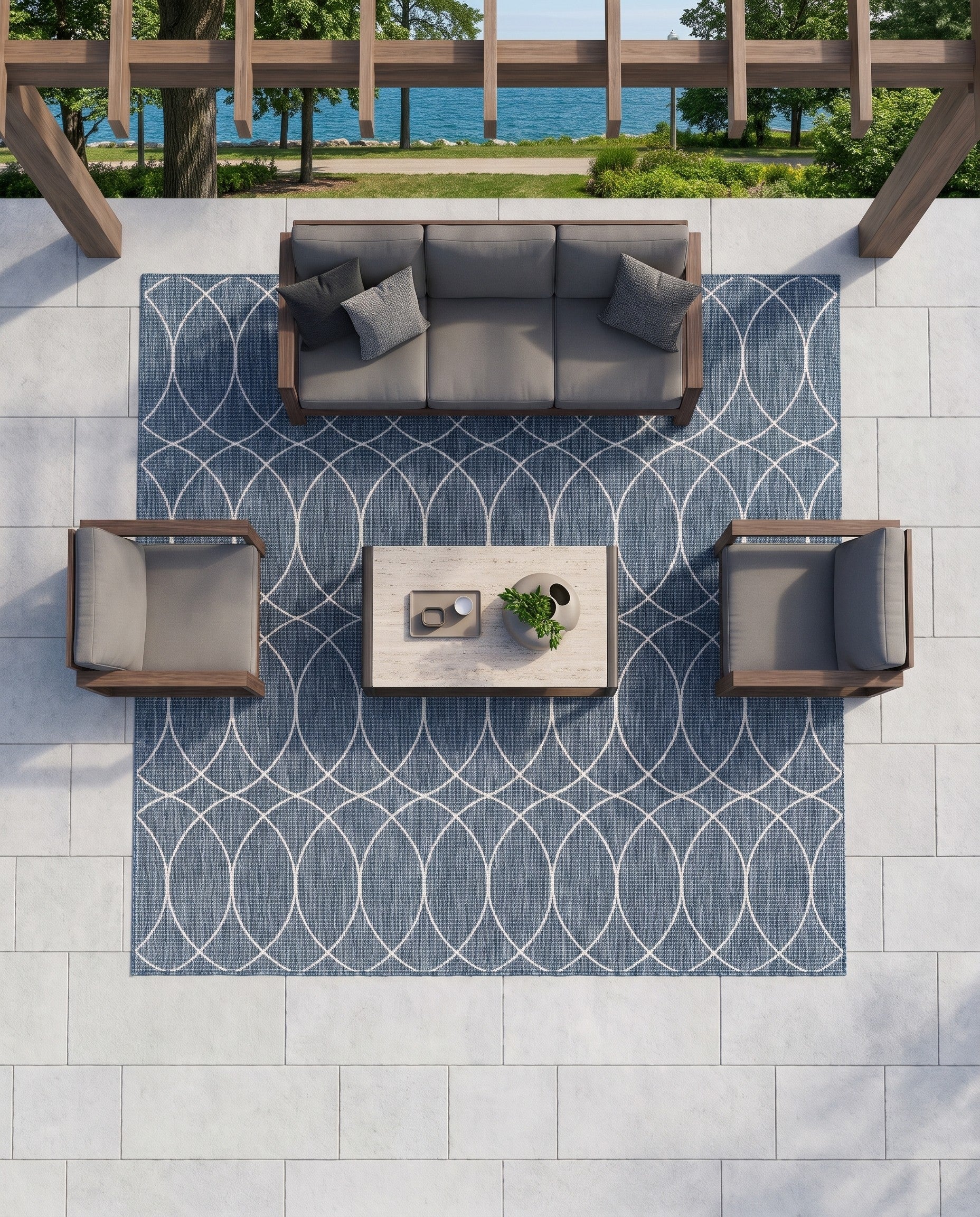 Blue Easy-Clean Lattice Indoor / Outdoor Square Rug