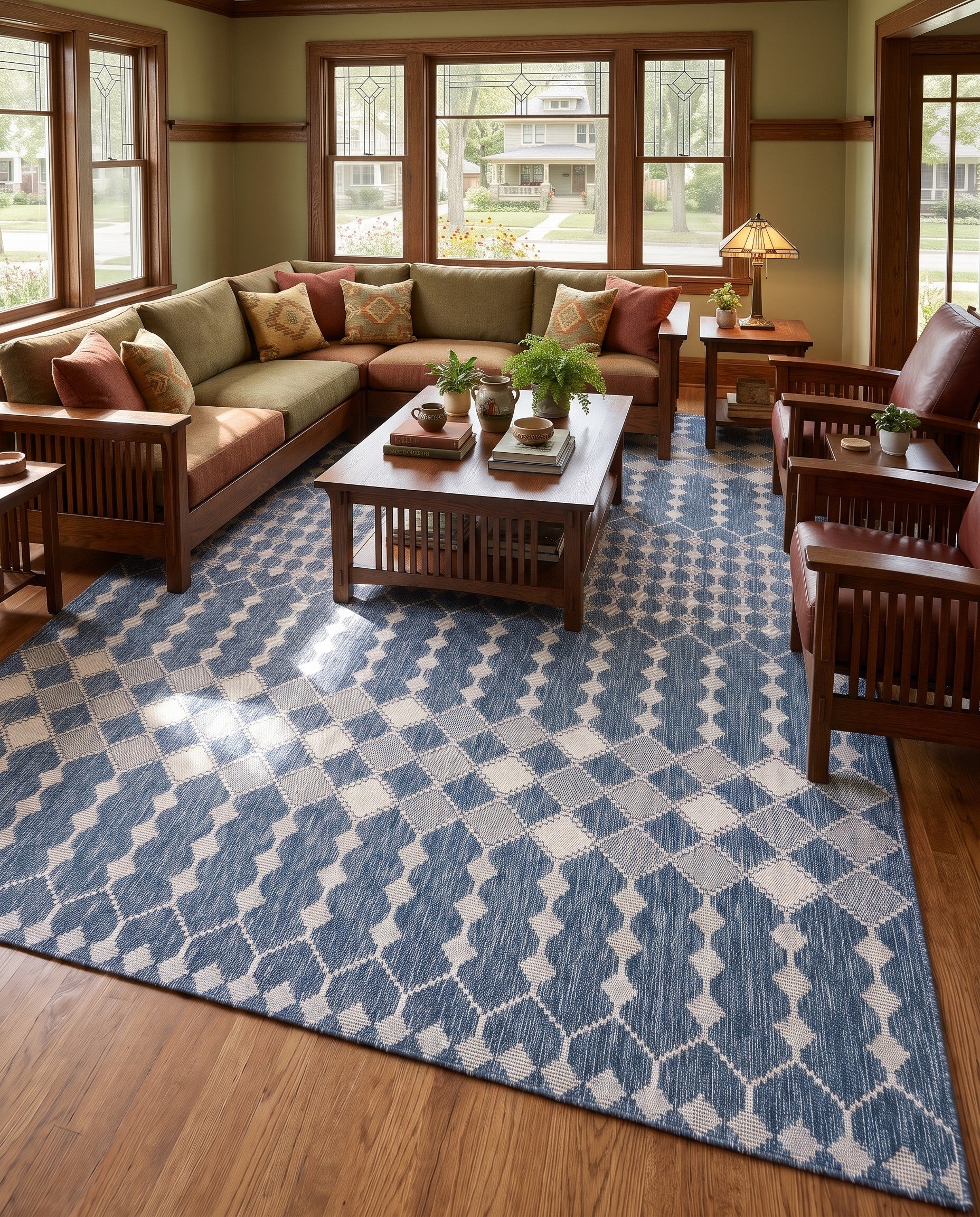 Blue Easy-Clean Lattice Indoor / Outdoor Rug