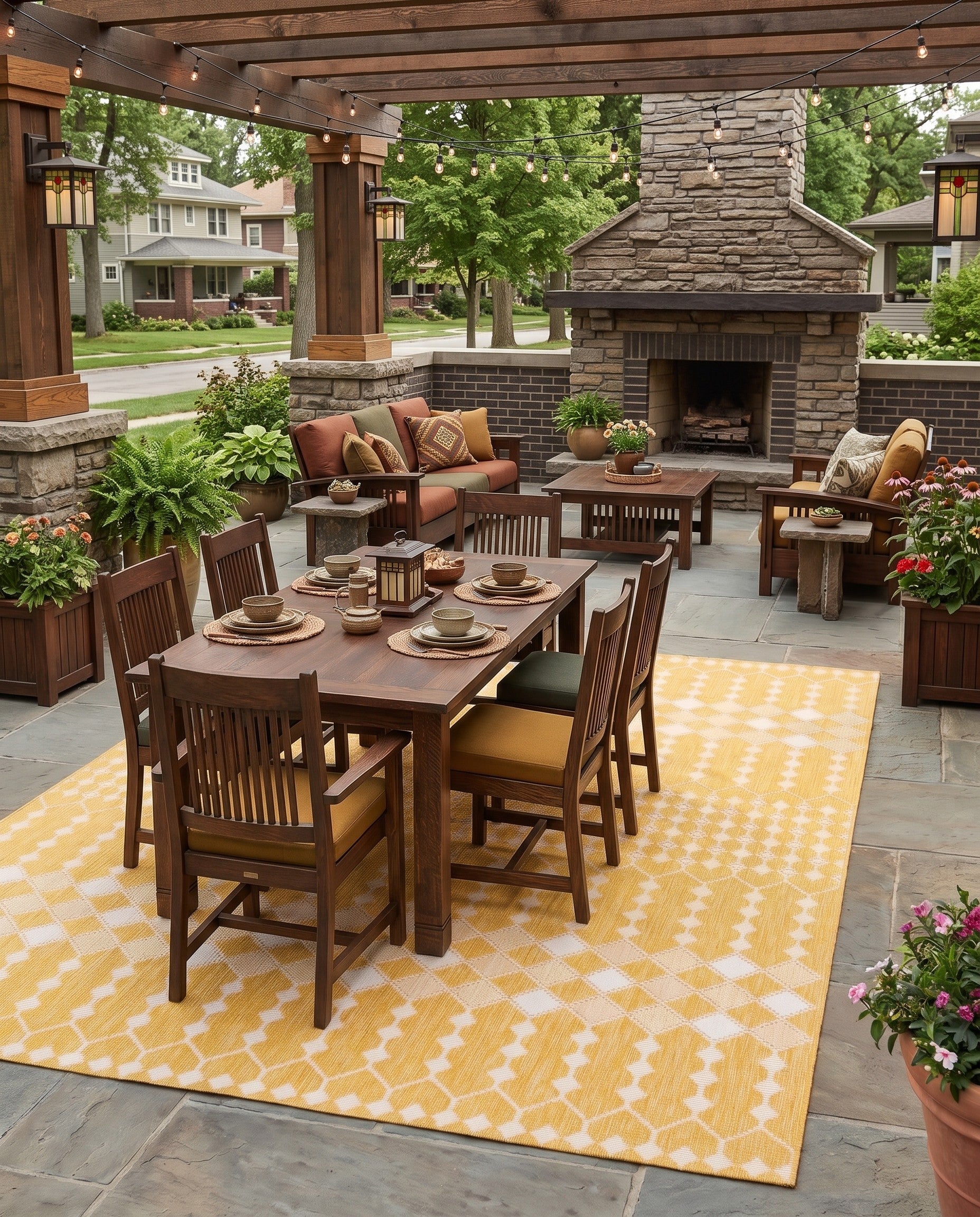 Yellow Easy-Clean Lattice Indoor / Outdoor Rug