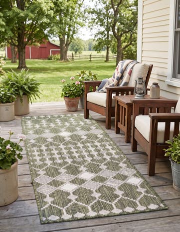 Green Easy-Clean Lattice Indoor / Outdoor Runner Rug