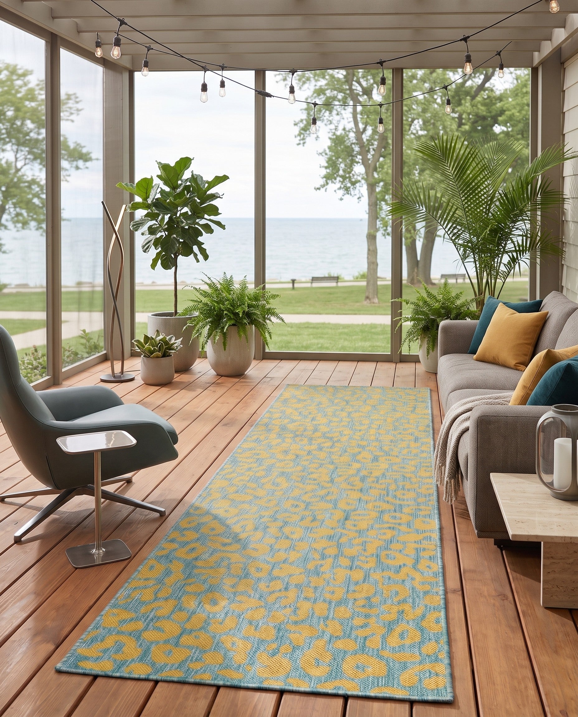 Blue and Yellow Easy-Clean Safari Indoor / Outdoor Runner Rug