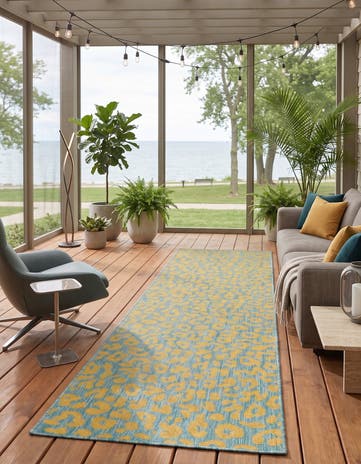 Blue and Yellow Easy-Clean Safari Indoor / Outdoor Runner Rug