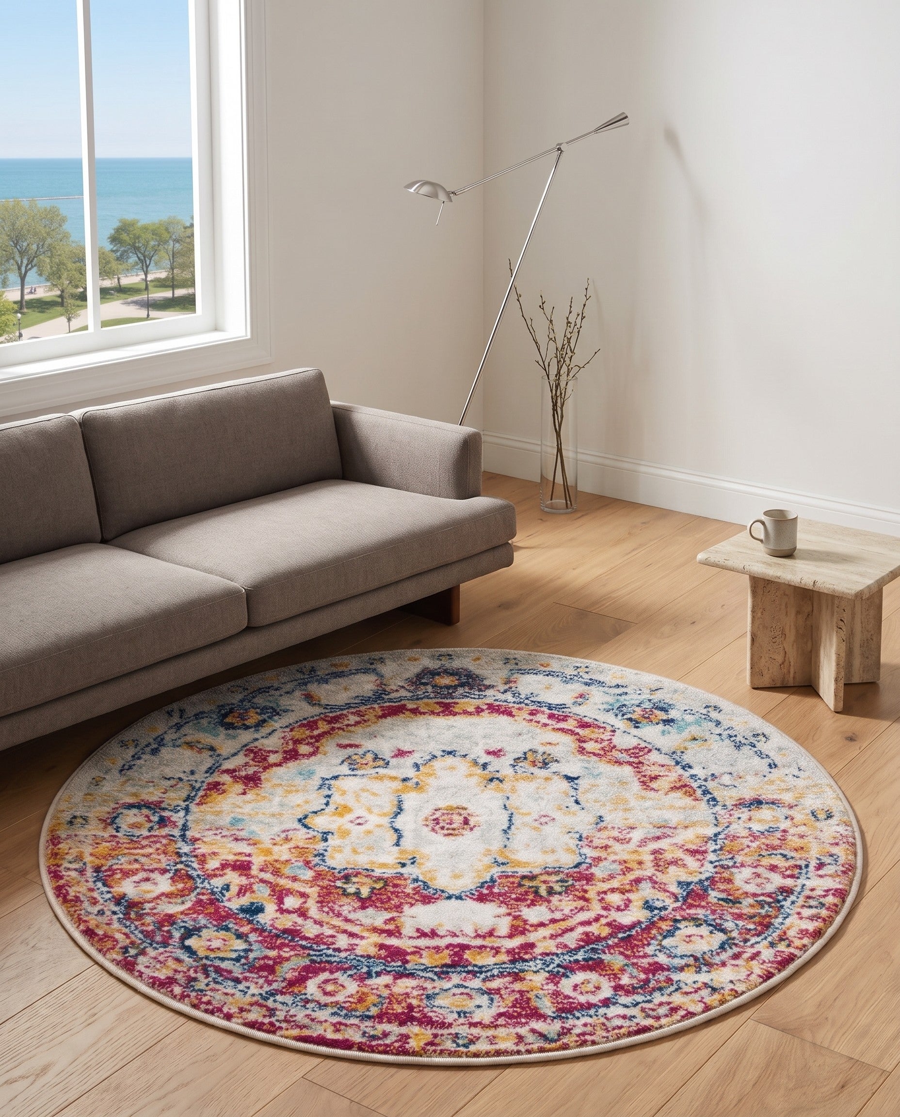 Gray and Pink Madeline Vintage Round Rug